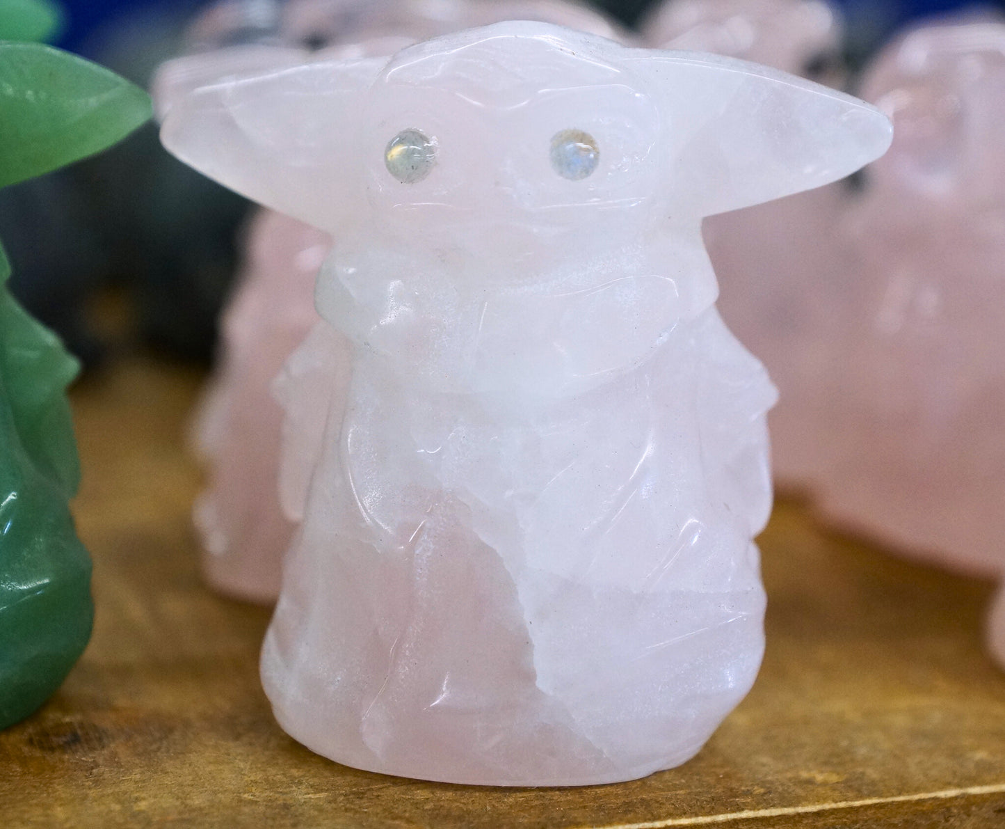 Grogu Rose Quartz w Moonstone/Obsidian eyes
