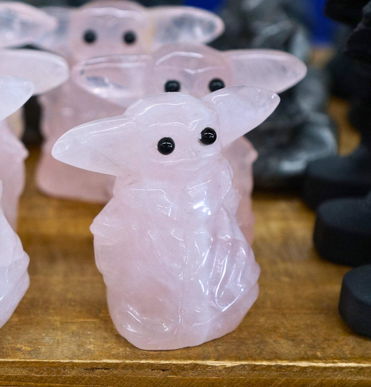 Grogu Rose Quartz w Moonstone/Obsidian eyes