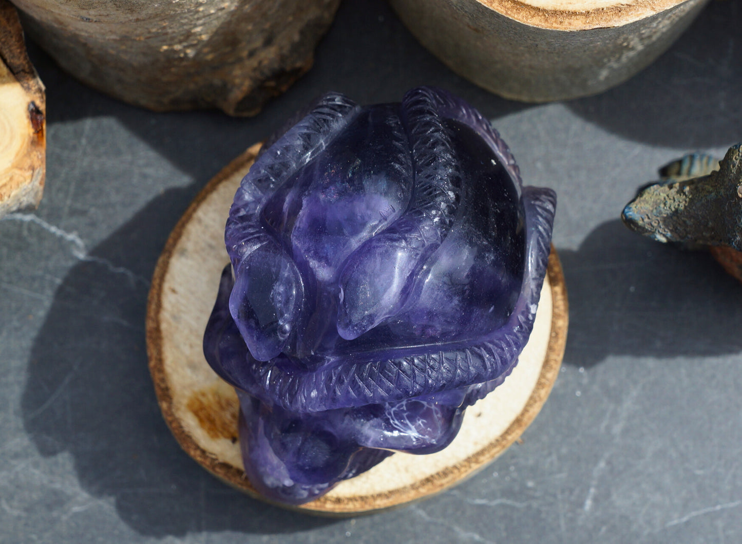 FLUORITE SKULL w SNAKES
